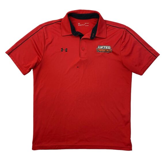 Under Armour Golf Tech Polo Shirt Mens M Medium Red HeatGear Lifted Trucks *READ - Picture 1 of 15